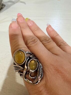 Sterling Silver Yellow Amber Double Stone Statement Ring